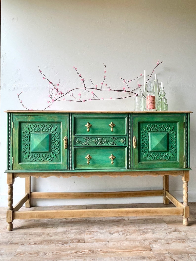 Vintage sideboard, buffet, Green with undertones of blue 
 with gold accents, dining room sideboard, vintage buffet, painted furniture, vintage dining room furniture, Maison 108 Vintage, upcycled furniture, hand painted furniture