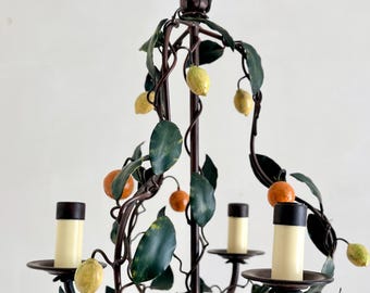 Vintage Italian Lemon Chandelier, Florentine light 3 branch chandelier, Tole Fruit & Green Leaves – French Country Kitchen Lighting