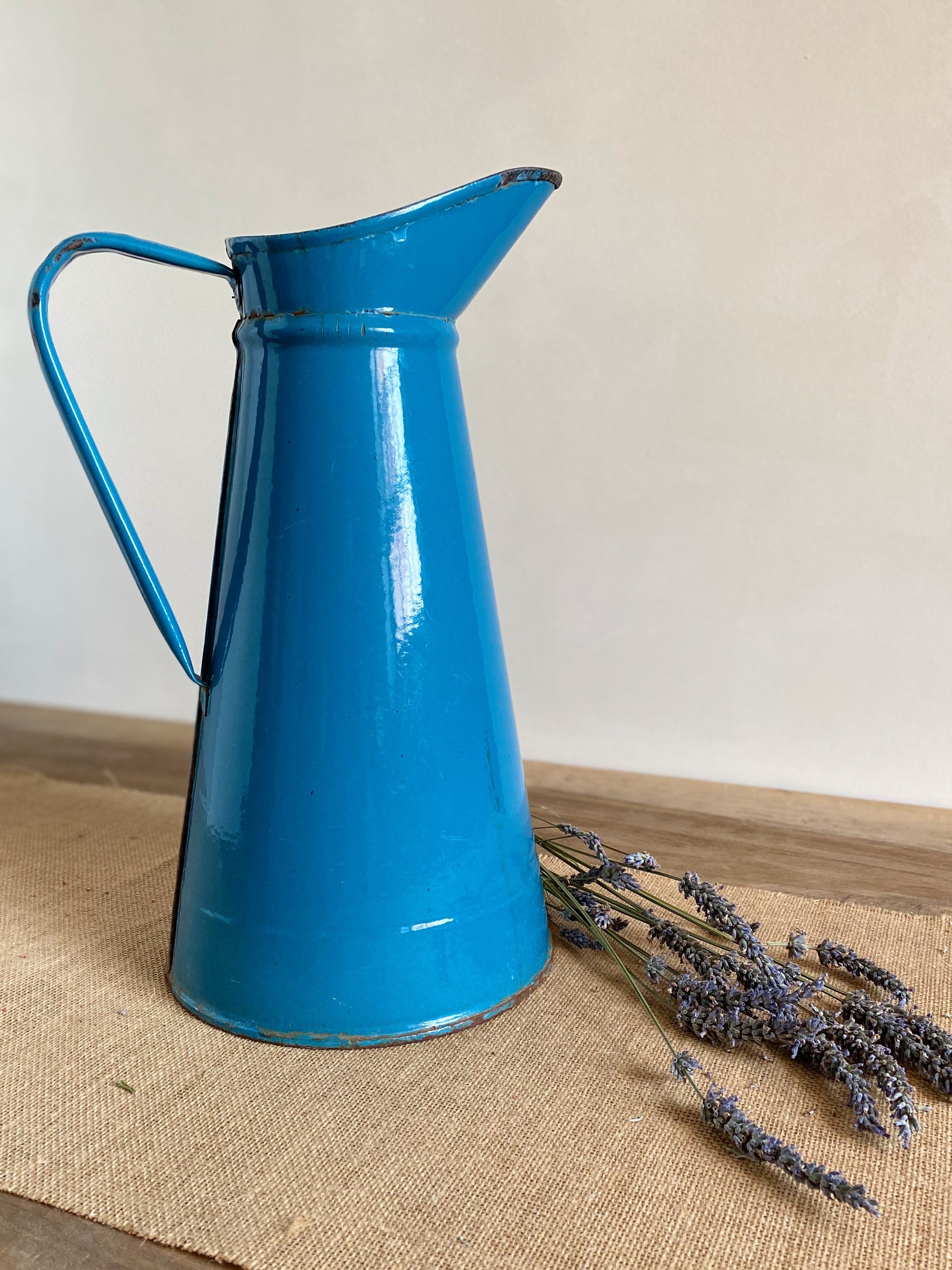 Français Pichet d'eau en Émail Bleu Turquoise Vintage, Grande Cruche d'eau, Ferme Rustique, Vase à F