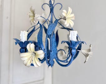 Vintage Italian Florentine Lily Chandelier | Blue & White Tole 4 Light Floral Ceiling Light | French Country Cottage Lighting