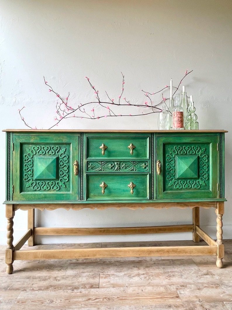 Vintage sideboard buffet, Green with undertones of blue 
 with gold accents, dining room sideboard, vintage furniture, painted furniture, vintage dining room furniture, Maison 108 Vintage, upcycle furniture, hand painted furniture