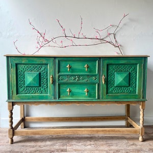 solid wood vintage sideboard, hand painted buffet, botanicals, Green,  natural wood, lined botanical prints, hand painted furniture, Maison 108 Vintage, upcycled furniture, buffet, boho farmhouse style, boho furniture dining room, vintage home