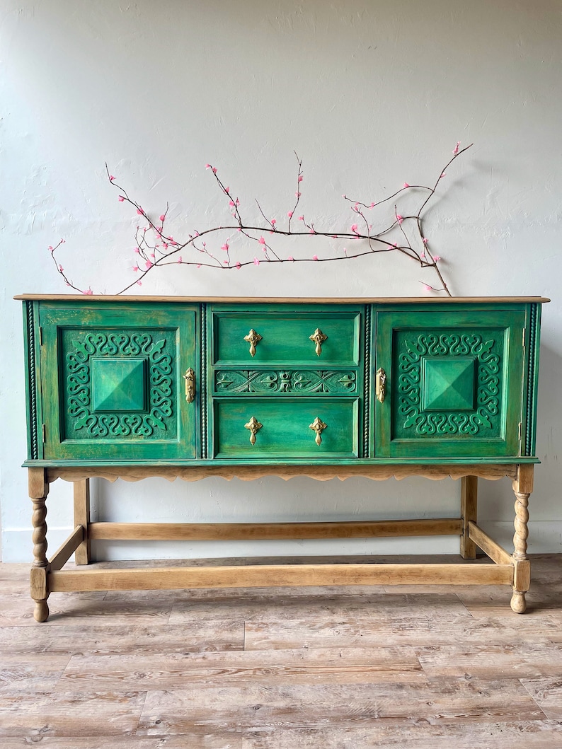 solid wood vintage sideboard, hand painted buffet, botanicals, Green,  natural wood, lined botanical prints, hand painted furniture, Maison 108 Vintage, upcycled furniture, buffet, boho farmhouse style, boho furniture dining room, vintage home