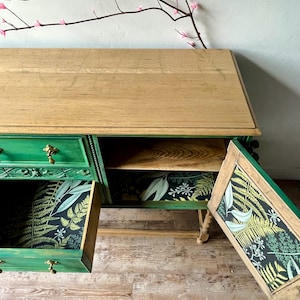 Vintage botanicals solid wood sideboard, buffet, Green with gold accents, natural wood. lined with botanical print, hand painted furniture,  Maison 108 Vintage, upcycled furniture, buffet, boho farmhouse style, boho furniture, boho dining room,