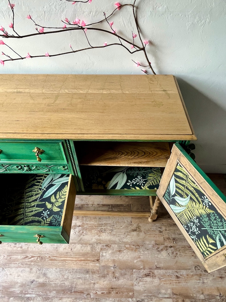 Vintage botanicals solid wood sideboard, buffet, Green with gold accents, natural wood. lined with botanical print, hand painted furniture,  Maison 108 Vintage, upcycled furniture, buffet, boho farmhouse style, boho furniture, boho dining room,