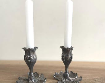 Antique Art Nouveau Candlesticks, Ornate Metal Candle Holders, 1890s-1900s Rococo Floral Design, French Vintage Home Decor, floral decor