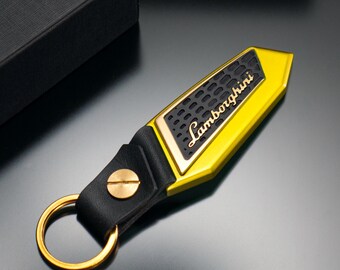 Lamborghini-Inspired Luxury Keychain – Anodized Aluminum, Brass, G10 & Leather