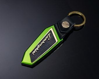 Lamborghini keychain, Anodized aluminum, Gold, Brass, Leather, Urus, Aventador, Huracan, murcielago, Gallardo, Green