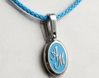 Personalized Blue Titanium Monogram Necklace, Bespoke Everyday Carry Jewelry, Unique Gift for Her, Industrial Luxury Titanium Pendant.