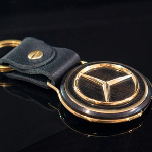 Keychain Mercedes custom leather keychain, ebony wood and metal brass. Wooden keychain