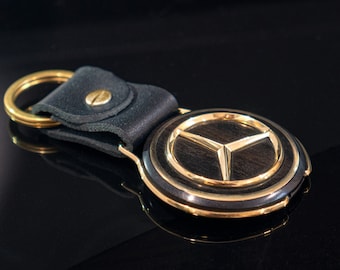 Keychain Mercedes custom leather keychain, ebony wood and metal brass. Wooden keychain