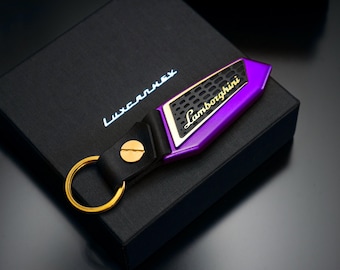 Lamborghini keychain, Anodized aluminum, Gold, Brass, Leather, Urus, Aventador, Huracan, murcielago, Gallardo, Purple