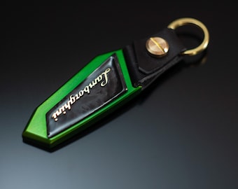 Green Lamborghinii keychain, Anodized aluminum, carbon fiber, Leather, Urus, Aventador, Huracan, murcielago, Gallardo, Temerario, Revuelto