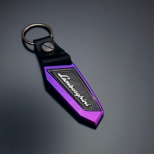 Purple Lamborghinii keychain, Anodized aluminum, carbon fiber, Leather, Urus, Aventador, Huracan, murcielago, Gallardo, Countach