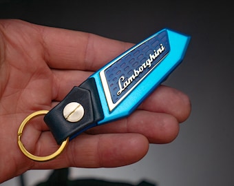 Blue Lamborghini keychain, Anodized aluminum, Gold, Brass, Leather, Urus, Aventador, Huracan, murcielago, Gallardo, blue