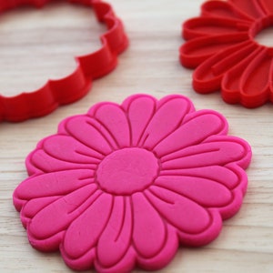 May include: Two red plastic flower-shaped cookie cutters and a pink flower-shaped cookie. The cookie cutters are on a wooden surface.