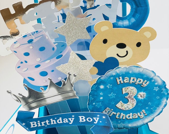 Boys 3rd Birthday Card in a box/Pop up box