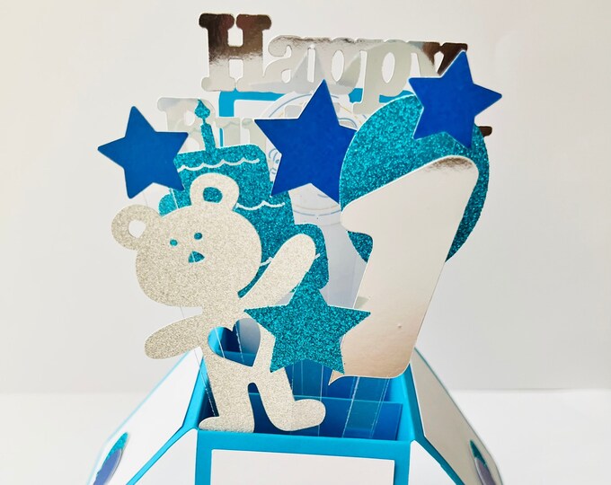 Blue Glitter 1st Birthday Card in a box/Pop up box