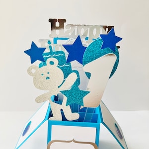 Blue Glitter 1st Birthday Card in a box/Pop up box