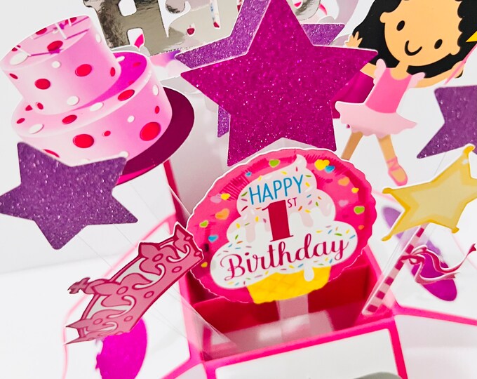 Girl 1st Birthday Card in a box/3D card