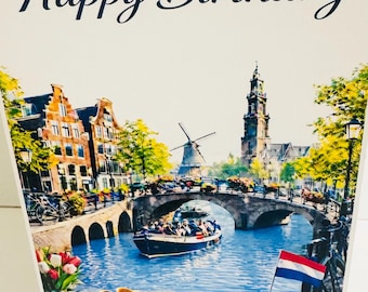 Carte d'anniversaire sur le thème d'Amsterdam (papier cartonné brillant)