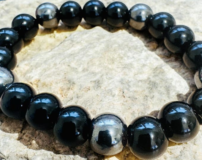 Black obsidian and hematite beaded bracelet