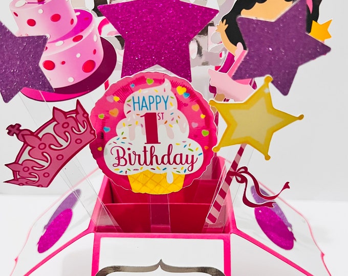 Girl 1st Birthday Card in a box/3D card