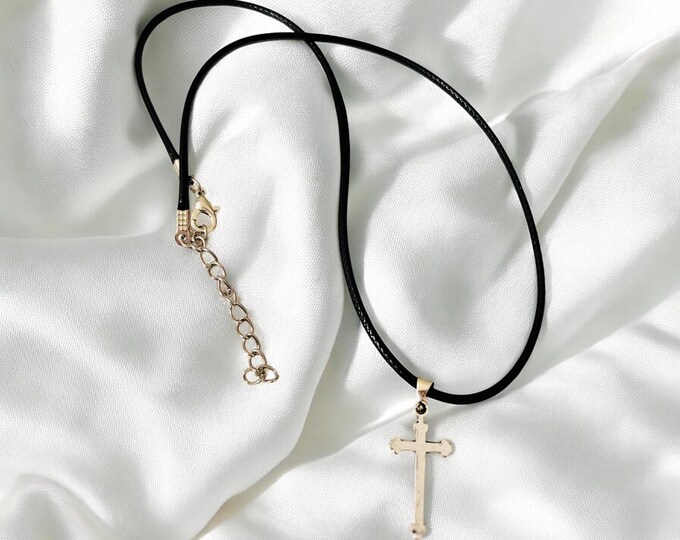 Braided faux leather rope cross necklace
