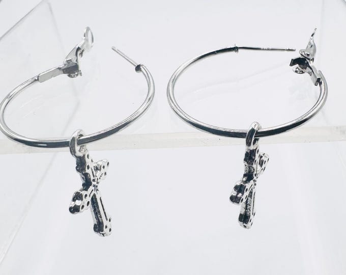 Silver hoop cross earrings