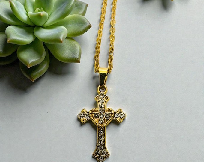 Elegant Sparkling Rhinestones Cross Necklace - available in Gold or Silver