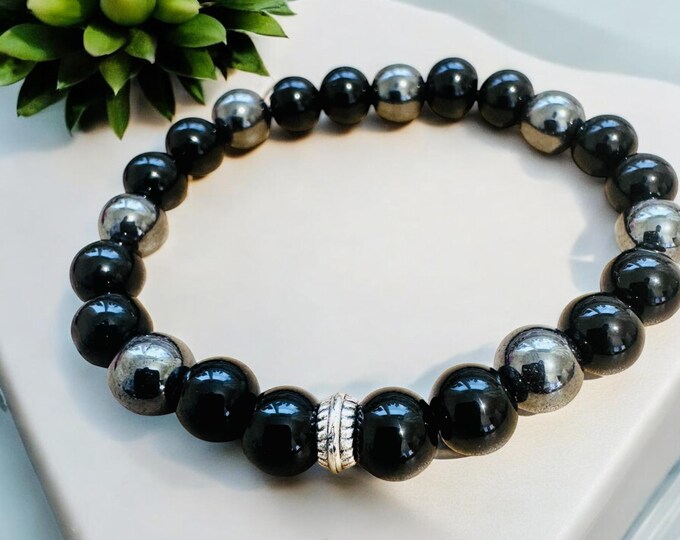 Black Obsidian and Hematite  Beaded Bracelet
