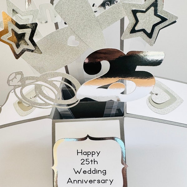 Silver glitter 25th Wedding Anniversary Card in a box/3D card