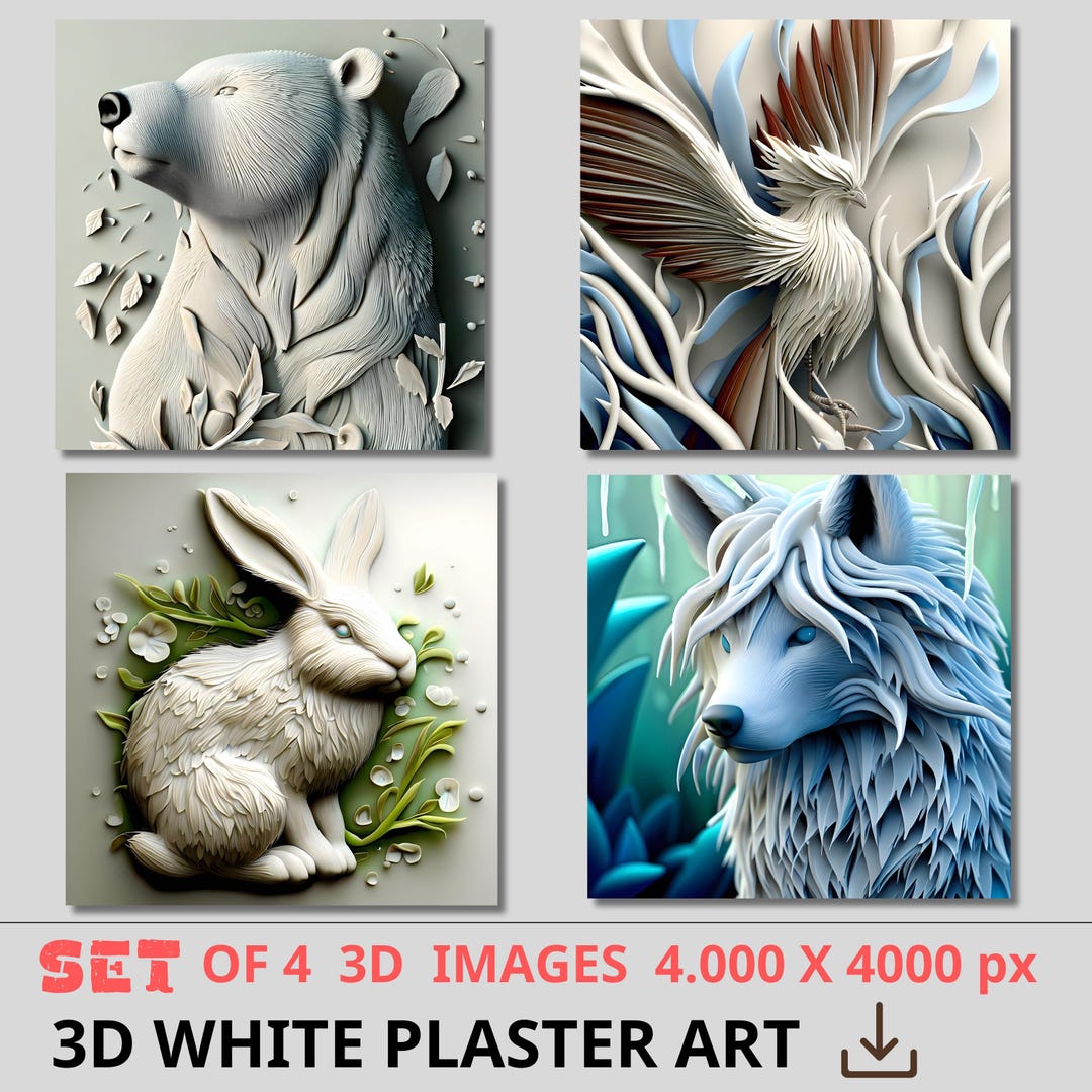 3D White AI Images Files PNG Wall Art Set of 4, Minimalist Animal ...