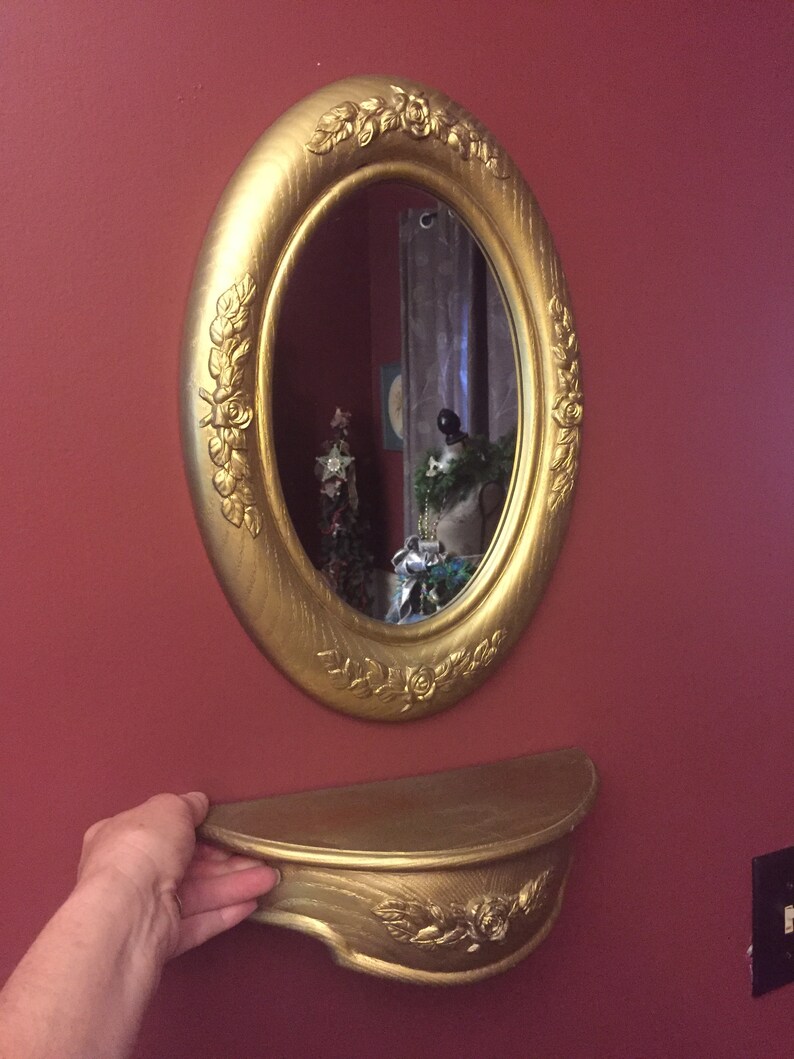 Vintage Burwood Mid Century Gold Oval Mirror And Shelf