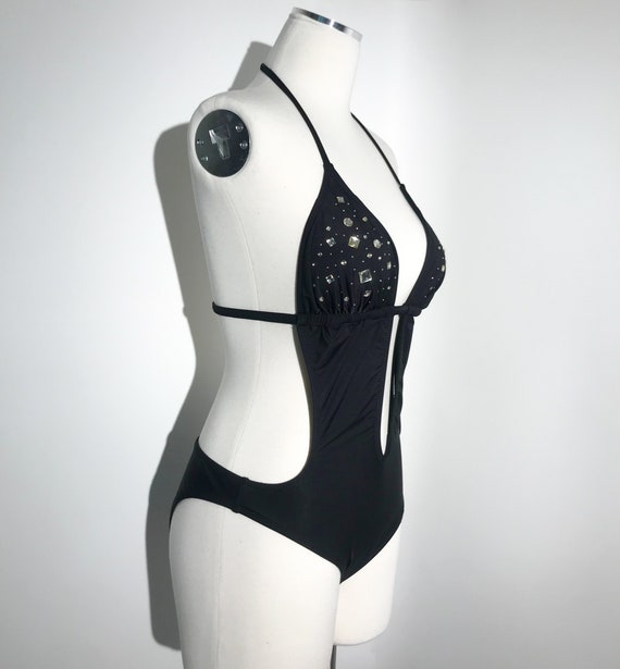 Vintage 1980s Heavy Metal Black Studded One Piece Bathing Suit