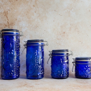 Vintage Blue Glass Fruit Storage Jars, Blue Spaghetti Jars, Vintage Blue Glass Storage Jars, Fruit Pattern Glass Storage Container