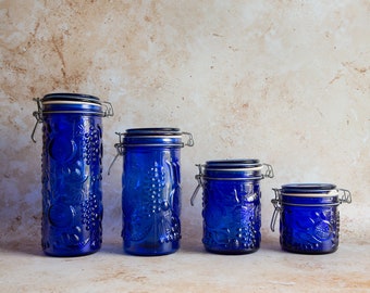 Vintage Blue Glass Fruit Storage Jar: Embossed 1970s Container