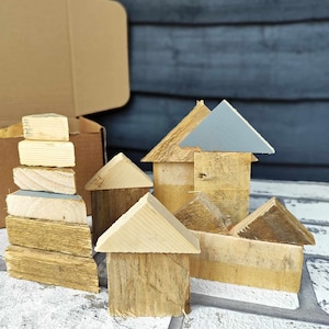 45-50 Pieces Wooden Blocks Triangle Square Shapes Tiny Houses Plaques ...