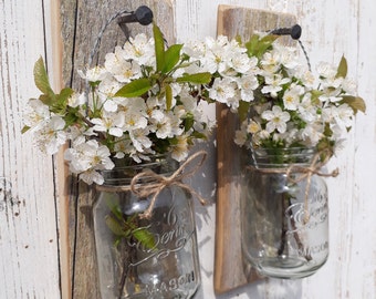 Mason jar hanging flower holders candle Handmade wood wall mounted rustic reclaimed vintage style wooden home decor different tones. Pair