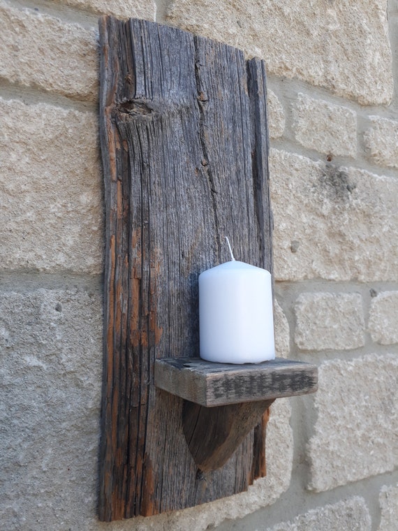PILLAR SCONCE CANDLE HOLDER HANDMADE RECLAIMED RUSTIC SHABBY WOOD WALL MOUNTED 