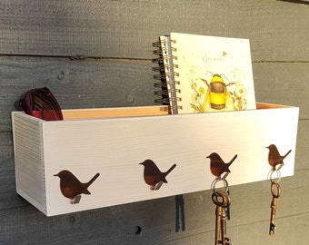 Key holder for Wall with Shelf  Robins wooden light clothing rack hat gloves crate New home wood box organizer BIRDS BIRDS BIRDS