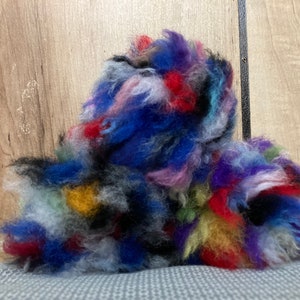 May include: A colorful pile of yarn in shades of blue, red, yellow, green, white, and black. The yarn is fluffy and soft, and it would be perfect for knitting or crocheting.