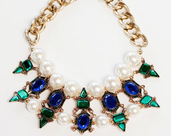 Chunky, Blue, Green, Pearl Statement Necklace, Bib Necklace