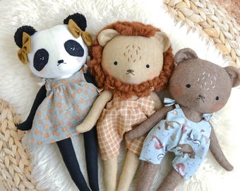 Stuffed Panda, bear and lion doll sewing pattern lion soft toy instant download pdf cuddly plush