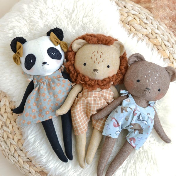 Stuffed Panda, bear and lion doll sewing pattern lion soft toy instant download pdf cuddly plush