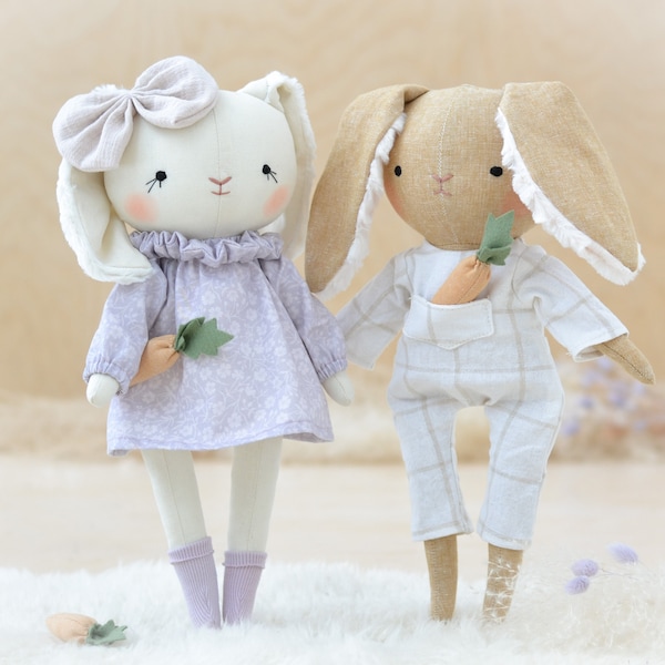 Bunny doll sewing pattern animal soft toy easy tutorial Easter decor DIY