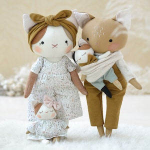 Instant Download Sewing Pattern Cat Family doll Bundle - DIY soft toy doll in organic linen or cotton, Easy Plush Tutorial
