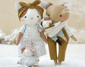 Instant Download Sewing Pattern Cat Family doll Bundle - DIY soft toy doll in organic linen or cotton, Easy Plush Tutorial