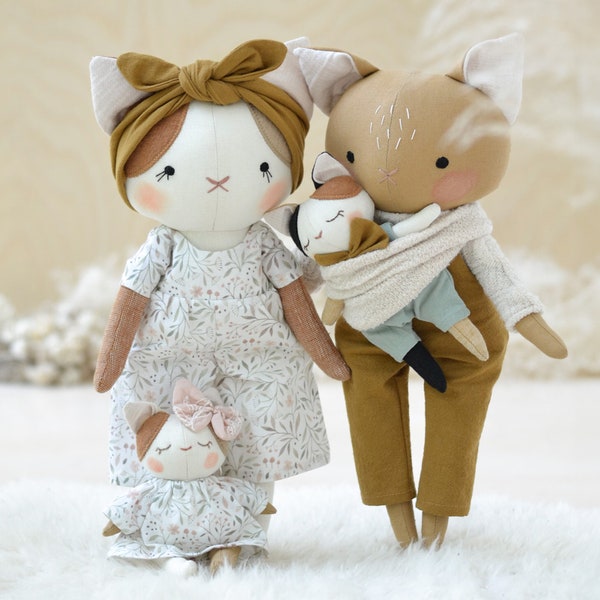 Instant Download Sewing Pattern Cat Family doll Bundle - DIY soft toy doll in organic linen or cotton, Easy Plush Tutorial