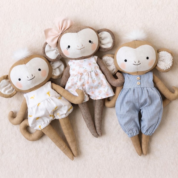 Monkey doll sewing pattern animal soft toy tutorial easy rag doll handmade